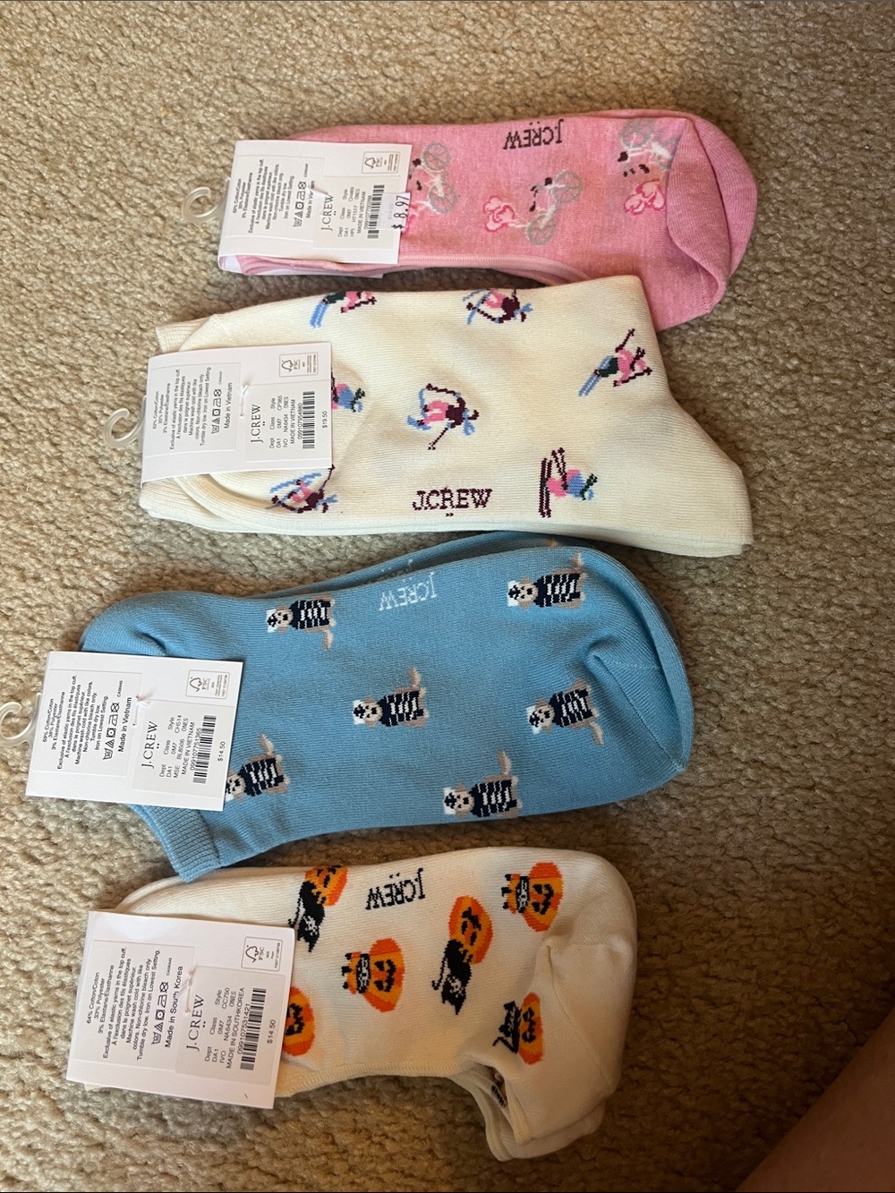 J. Crew Four-Pack Novelty Ankle Socks in Pink, Cream, Blue, White